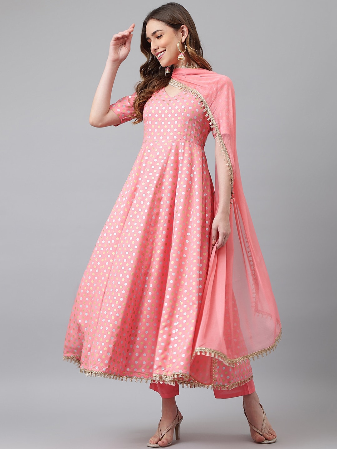 Khushal K Women Pink Printed Empire Kurta with Trousers & With Dupatta - Distacart