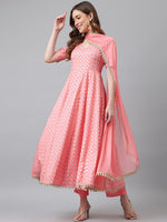 Thumbnail for Khushal K Women Pink Printed Empire Kurta with Trousers & With Dupatta - Distacart