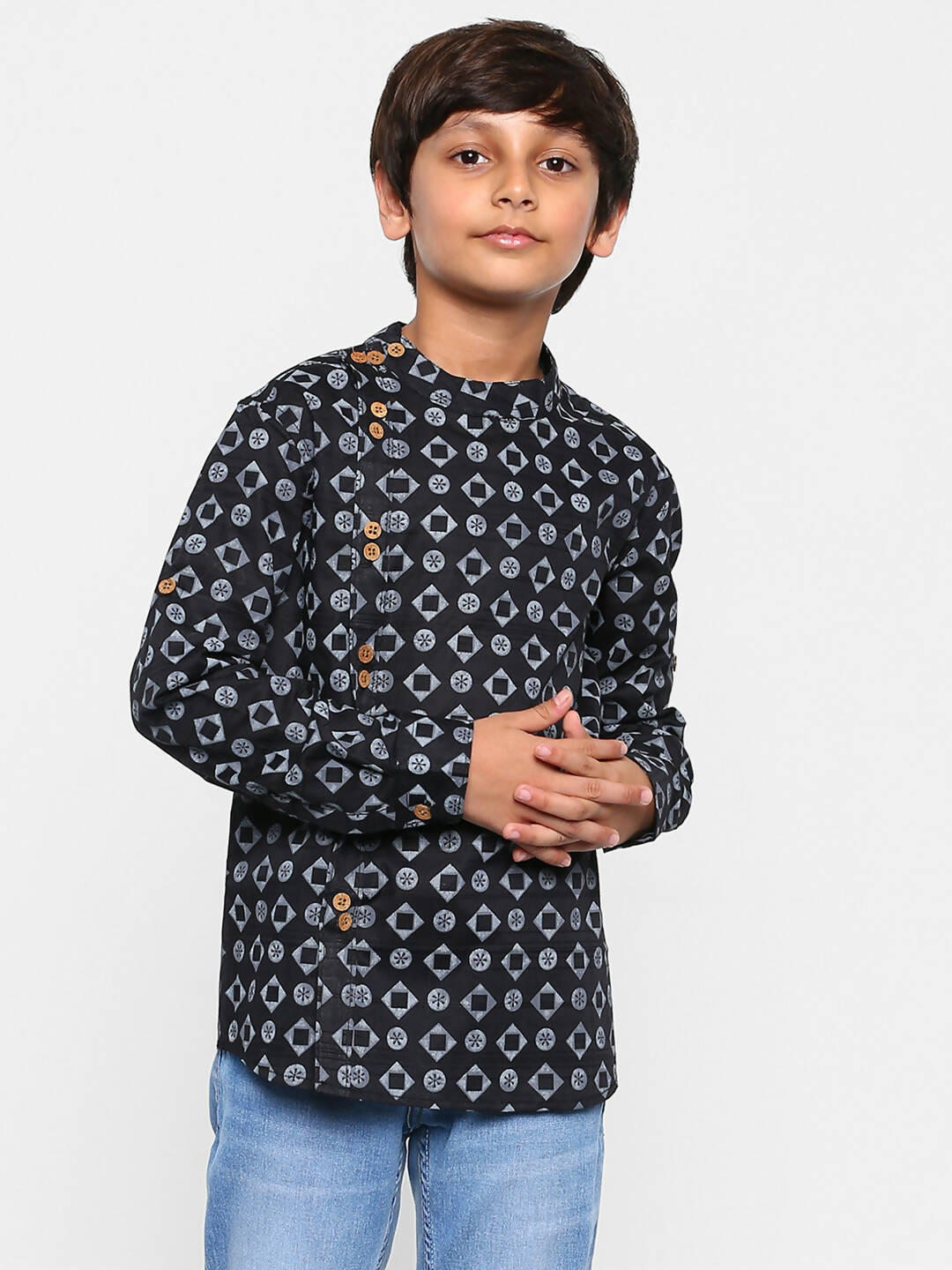 Manet Ethnic Full Sleeves Circle Printed Shirt - Black - Distacart