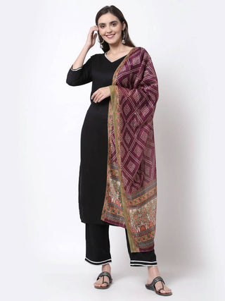 Myshka Black Cotton Half Sleeve V Neck Solid Casual Kurta Pant Dupatta Set