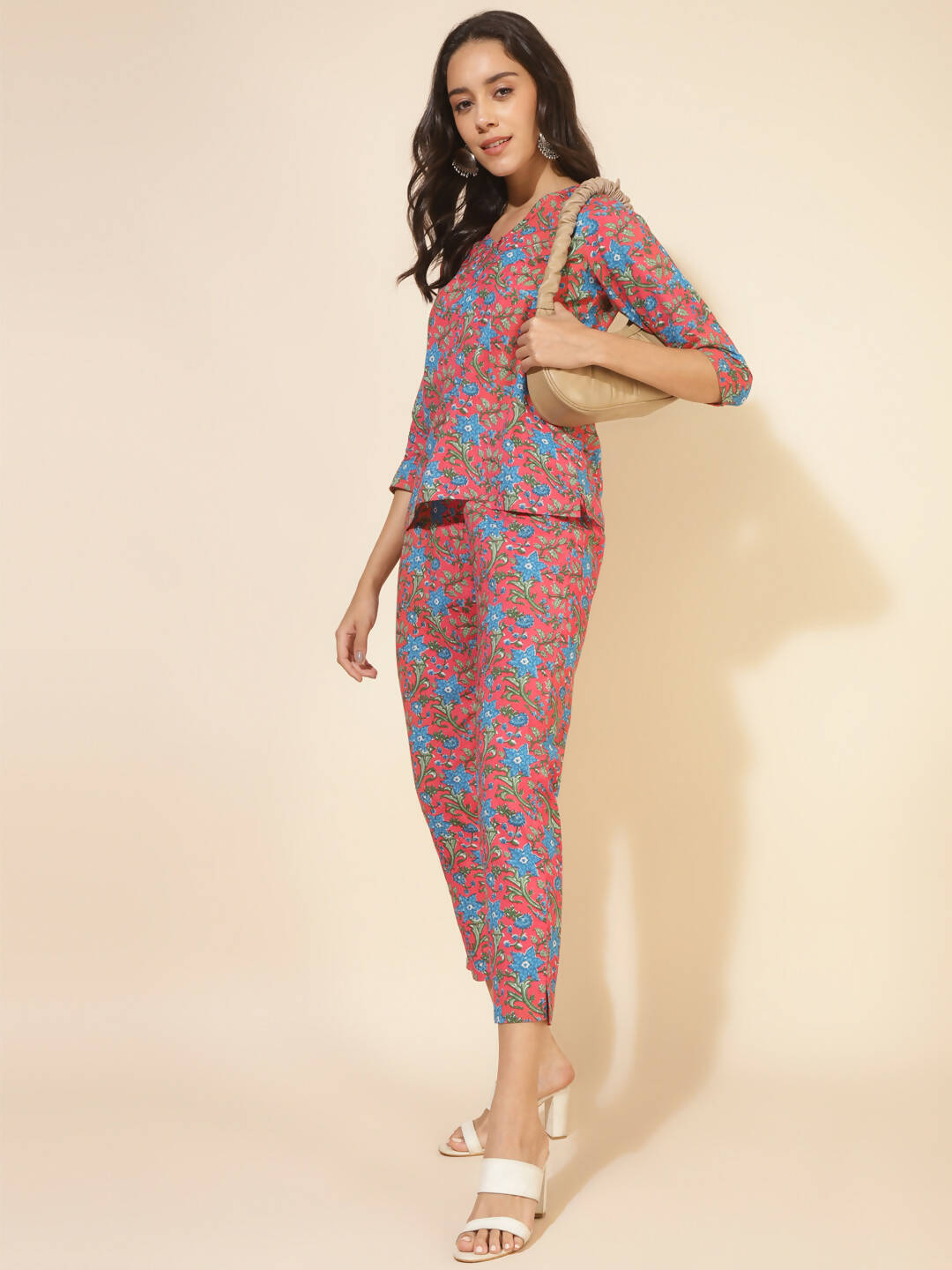 Janasya Women's Pink Cotton Floral Printed Casual Regular Co-ords - Distacart