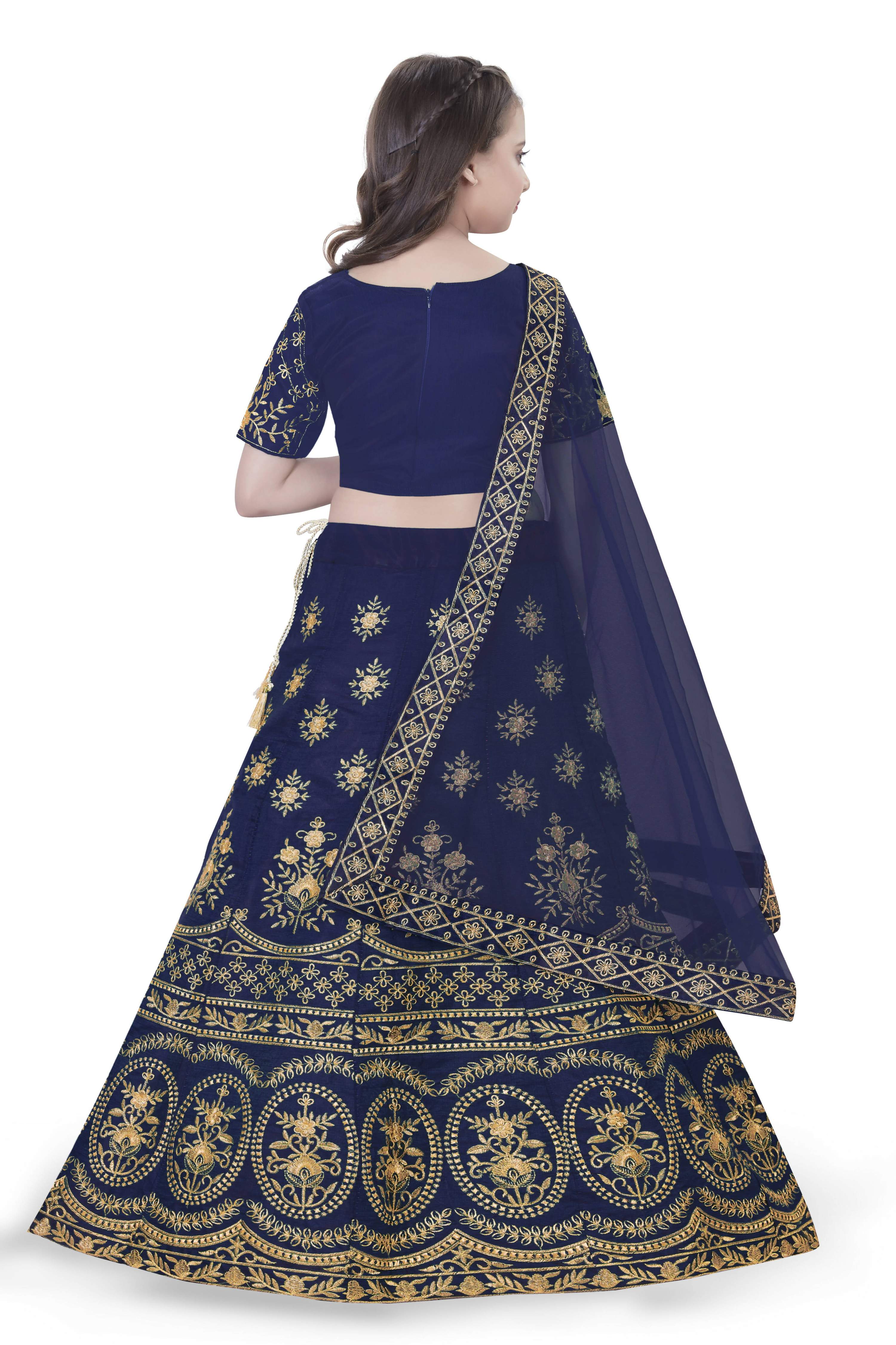 Dwiden Navy Blue Lehriyu Tafetta Sattin Semi-Stitched Girl's Lehenga Choli - Distacart