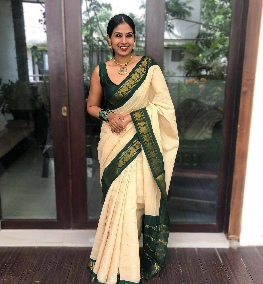 DEIANA'S Beautiful Golden Jari with New Design Soft Lichi Silk Saree - White - Distacart