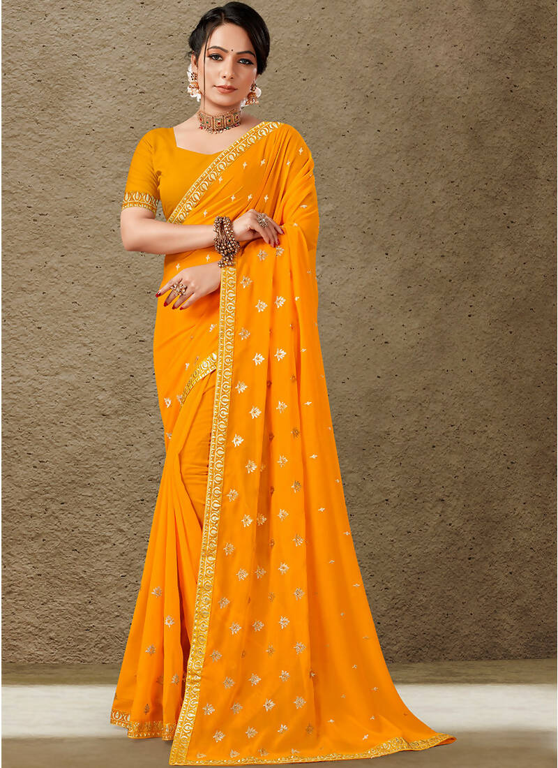 Mustard Georgette Embroidered Saree with Unstitched Blouse Piece - Avika - Distacart