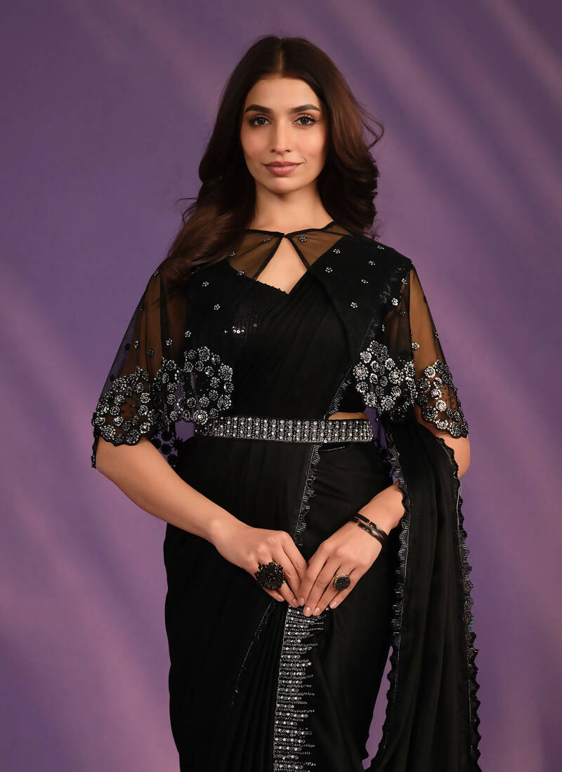 Black Crepe Satin Silk Embroidered Saree With Stitched Blouse - Mohmanthan Exotica - Distacart
