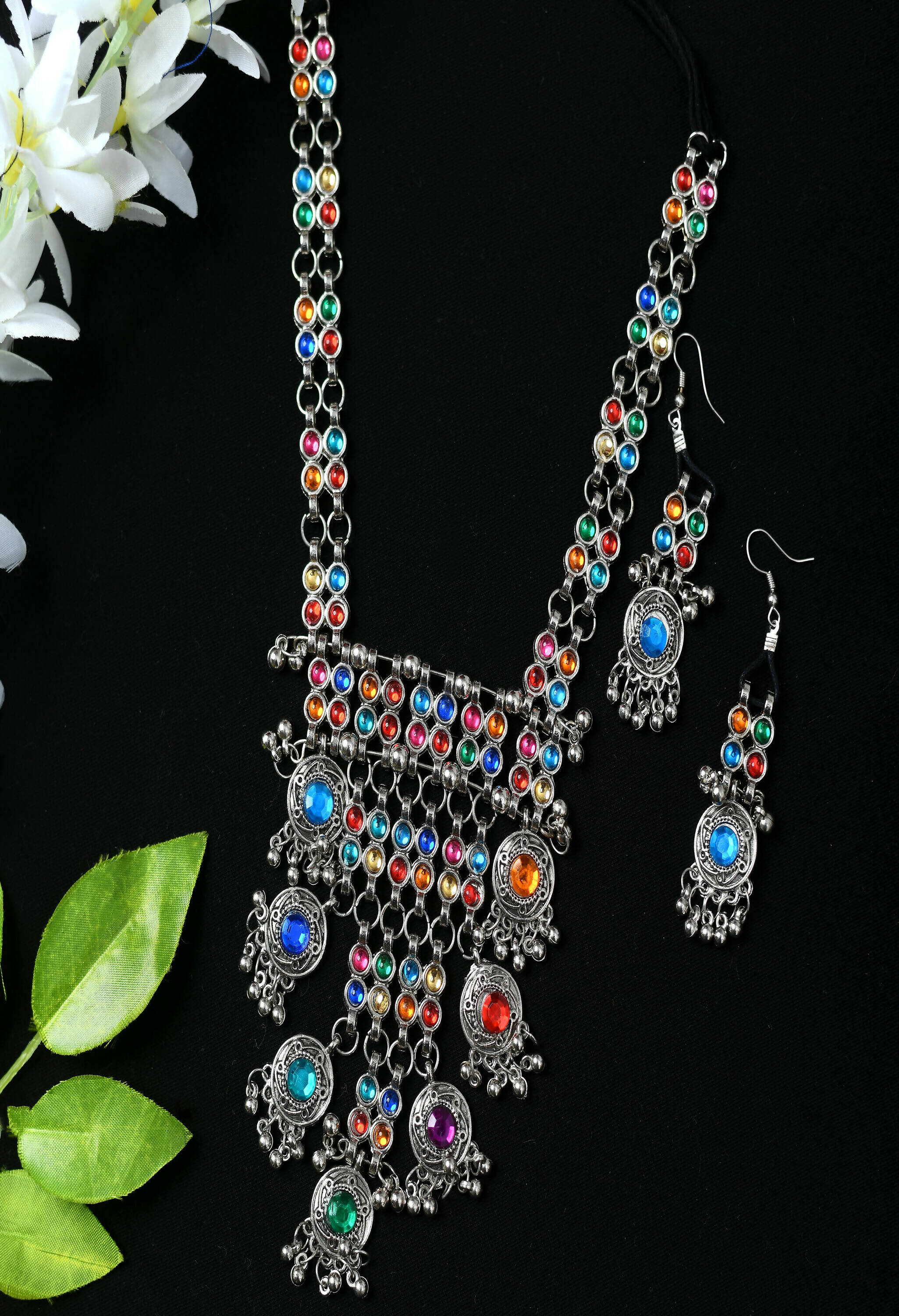 Mominos Fashion Johar Kamal Oxidised Silver-Plated Brass Finish Multi Kundan Afghani Long Necklace For Women - Distacart