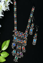 Thumbnail for Mominos Fashion Johar Kamal Oxidised Silver-Plated Brass Finish Multi Kundan Afghani Long Necklace For Women - Distacart