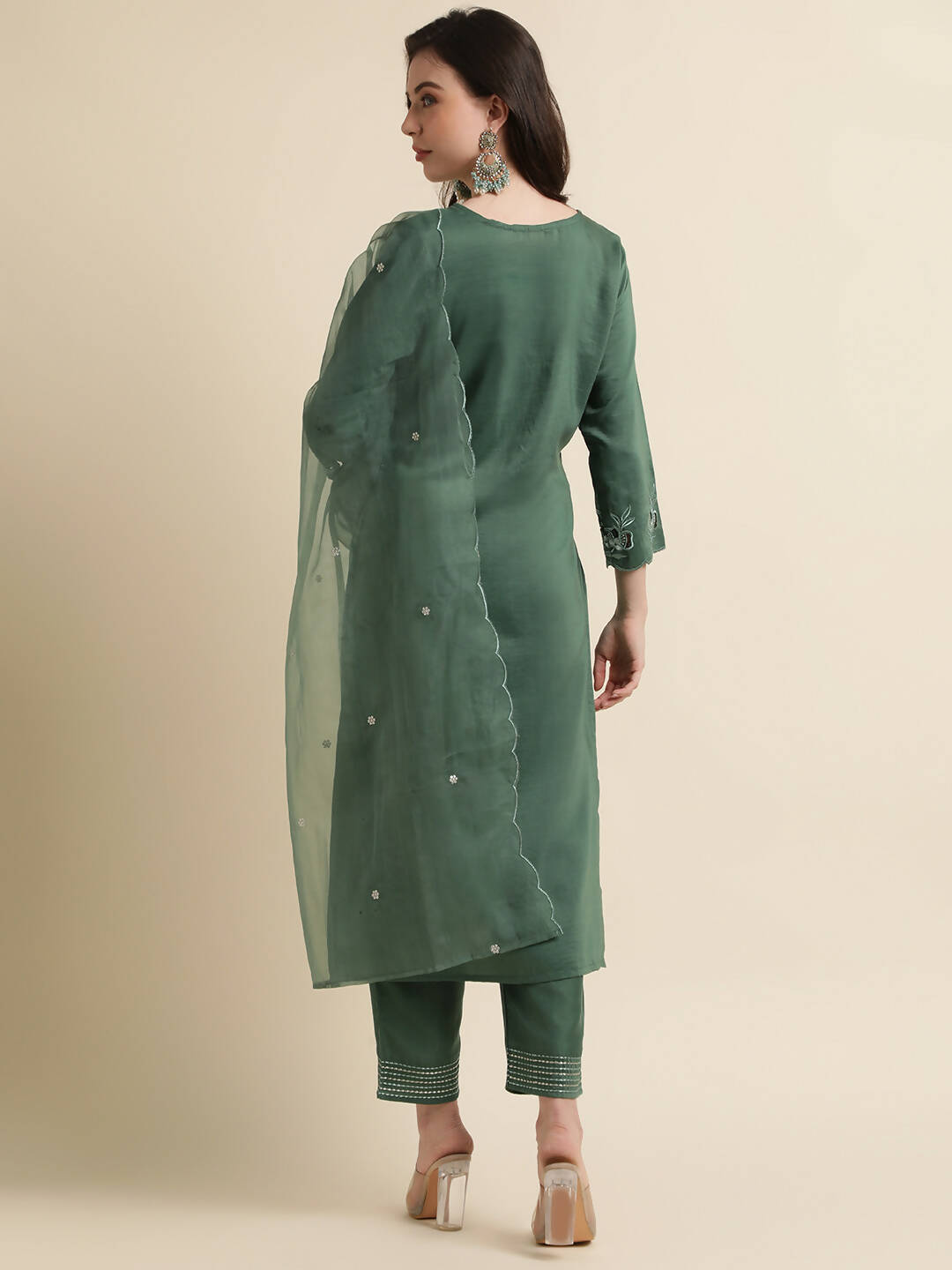 Green Chinon Silk Embroidered Straight Kurta with Trouser & Dupatta - Salimar - Distacart