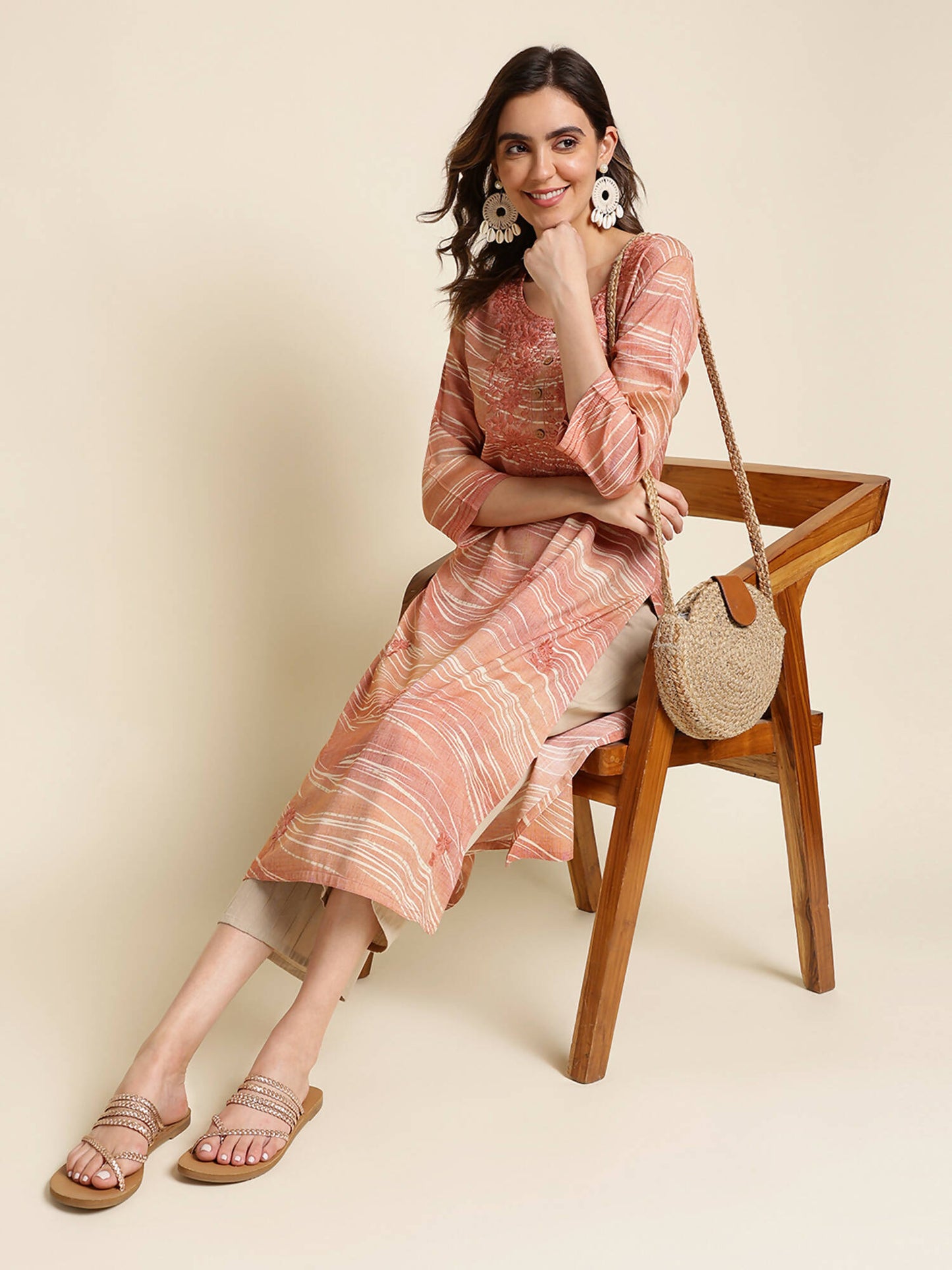 Peach Poly Rayon Stripe Printed Straight Fit Kurta - Prasuti - Distacart
