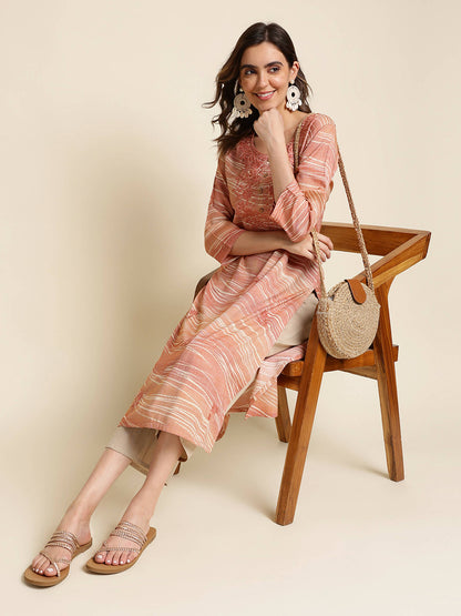 Peach Poly Rayon Stripe Printed Straight Fit Kurta - Prasuti - Distacart