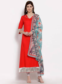Thumbnail for Myshka Women's Red Cotton 3/4 Sleeve V Neck Solid Casual Anarkali Kurta Dupatta Set