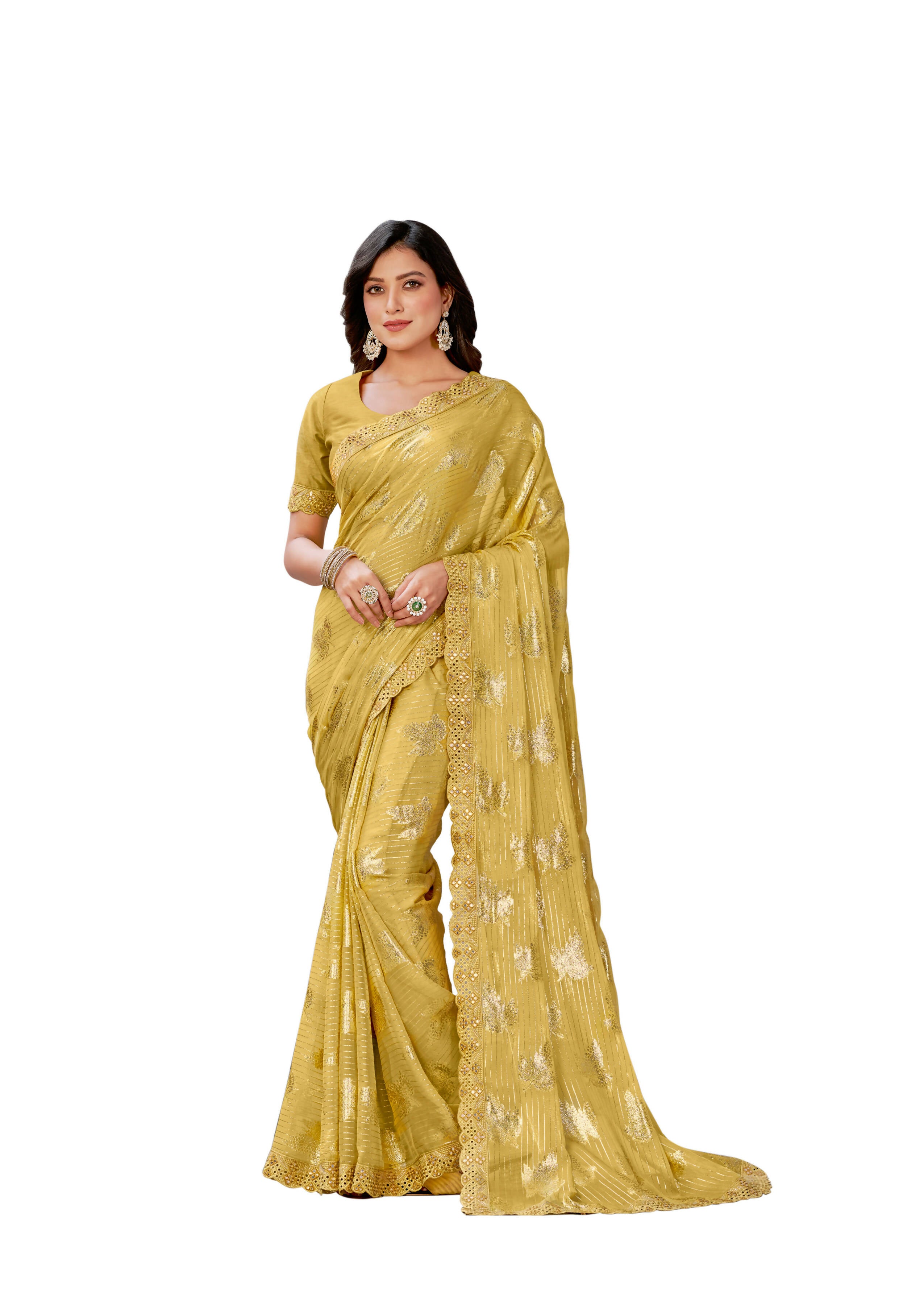 Mustard Georgette Zari Jacquard Embroidered Border With Mirror Work Saree With Unstitched Blouse Piece - Norita Zaina - Distacart