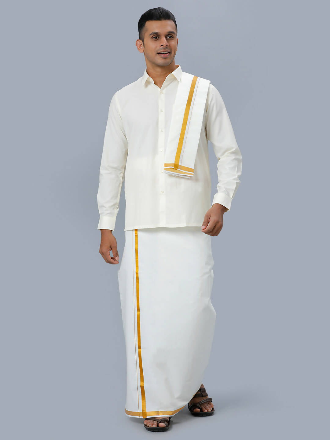 Ramraj Cotton Mens Wedding Cream Regular Dhoti, Shirt & Towel Set Subhakalyan 3/4