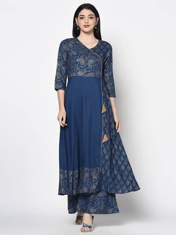 Aniyah Rayon Blue Color Foil Print Angrakha Anarkali Palazzo Set (AN-207K)