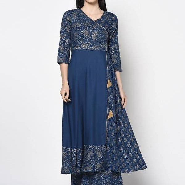 Aniyah Rayon Blue Color Foil Print Angrakha Anarkali Palazzo Set (AN-207K)