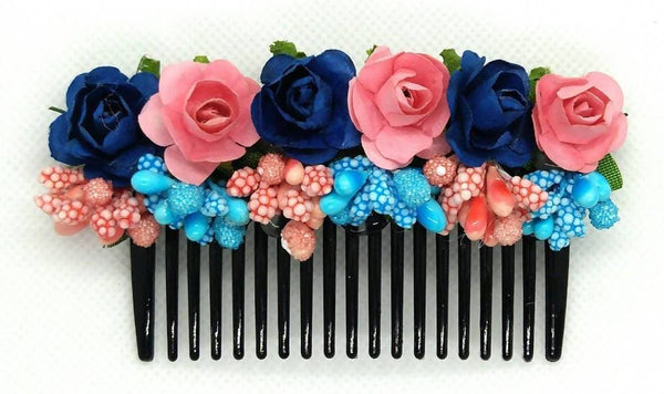 Blue & peach Flower Hair Comb