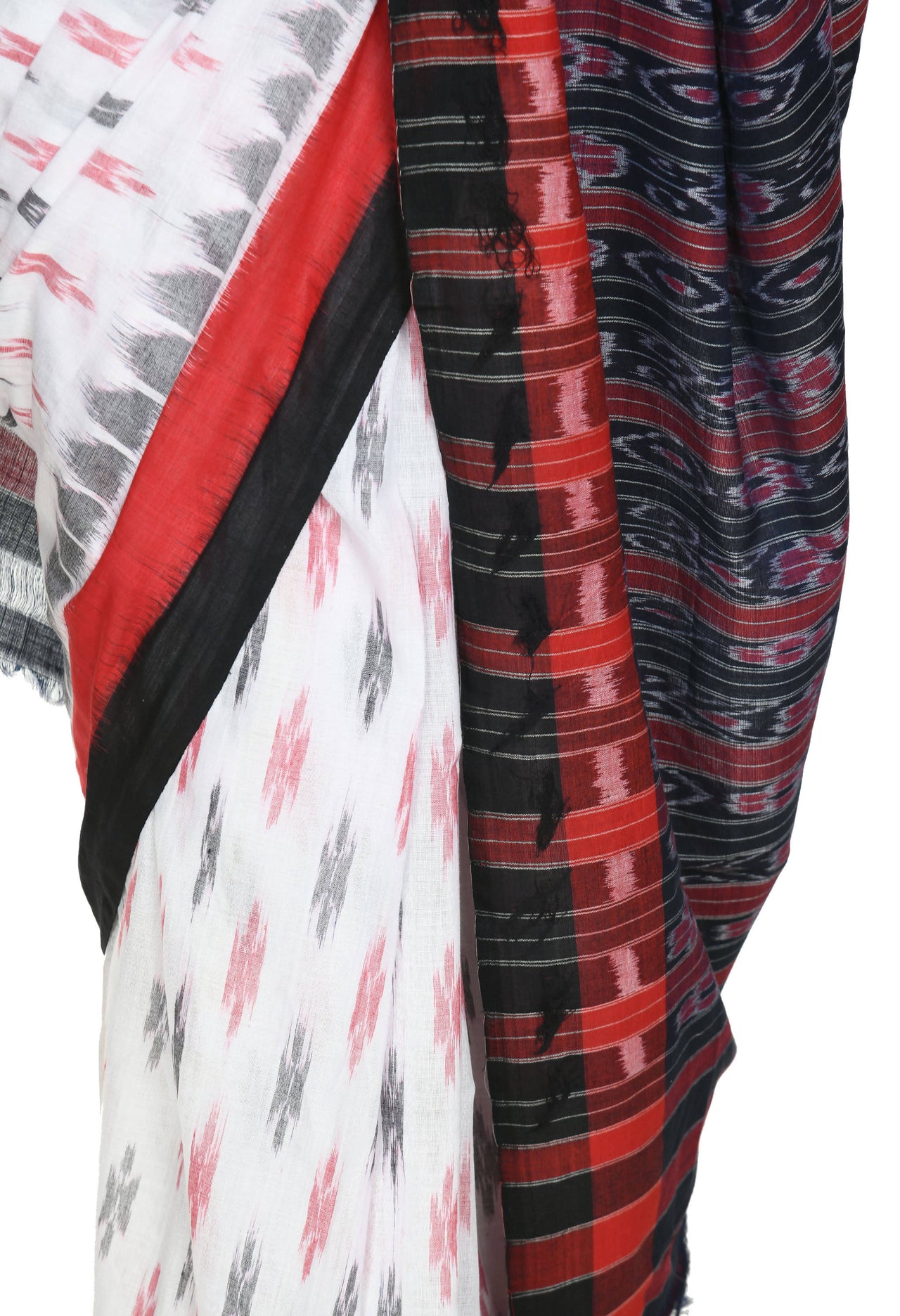 Vamika Sambalpuri Ikat Cotton Dehabandha White, Red & Black Saree - Distacart