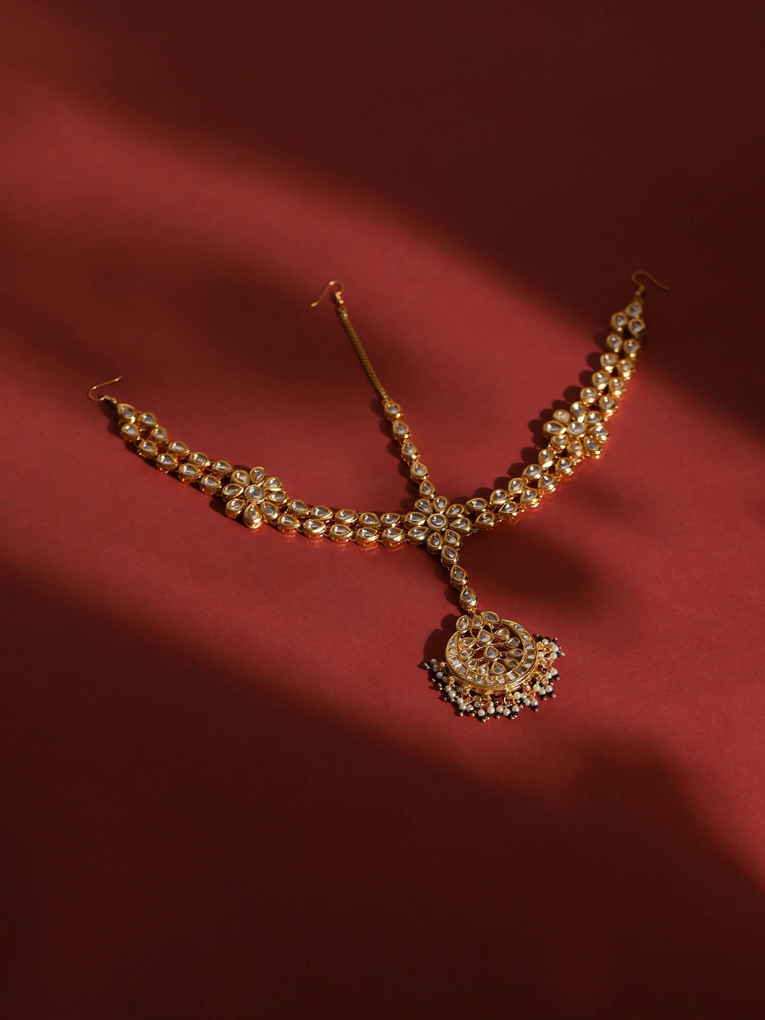 Gold-Plated White Kundan-Studded Pearl Beaded Matha Patti - Ruby Raang - Distacart
