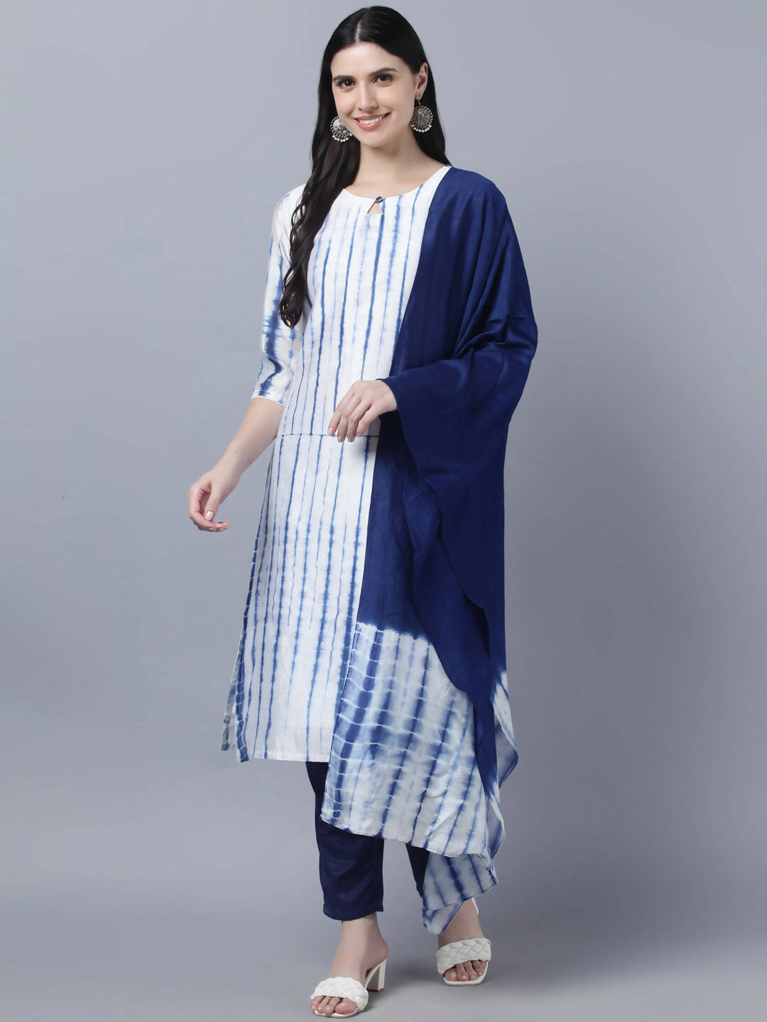 Myshka Women White Blue Tie Dyed Kurta Trousers With Dupatta Set - Distacart
