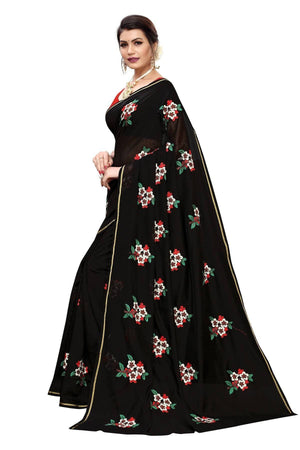 Vamika Black Chanderi Cotton Embroidery Floral Saree
