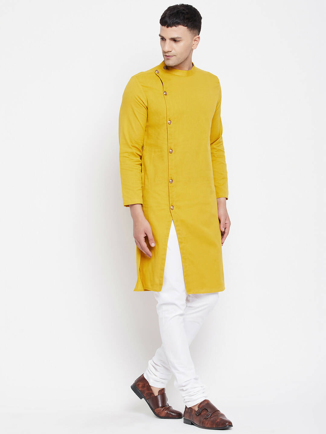 Even Apparels Yellow Pure Cotton Men's Sherwani Kurta With Asymetrical Cut - Distacart