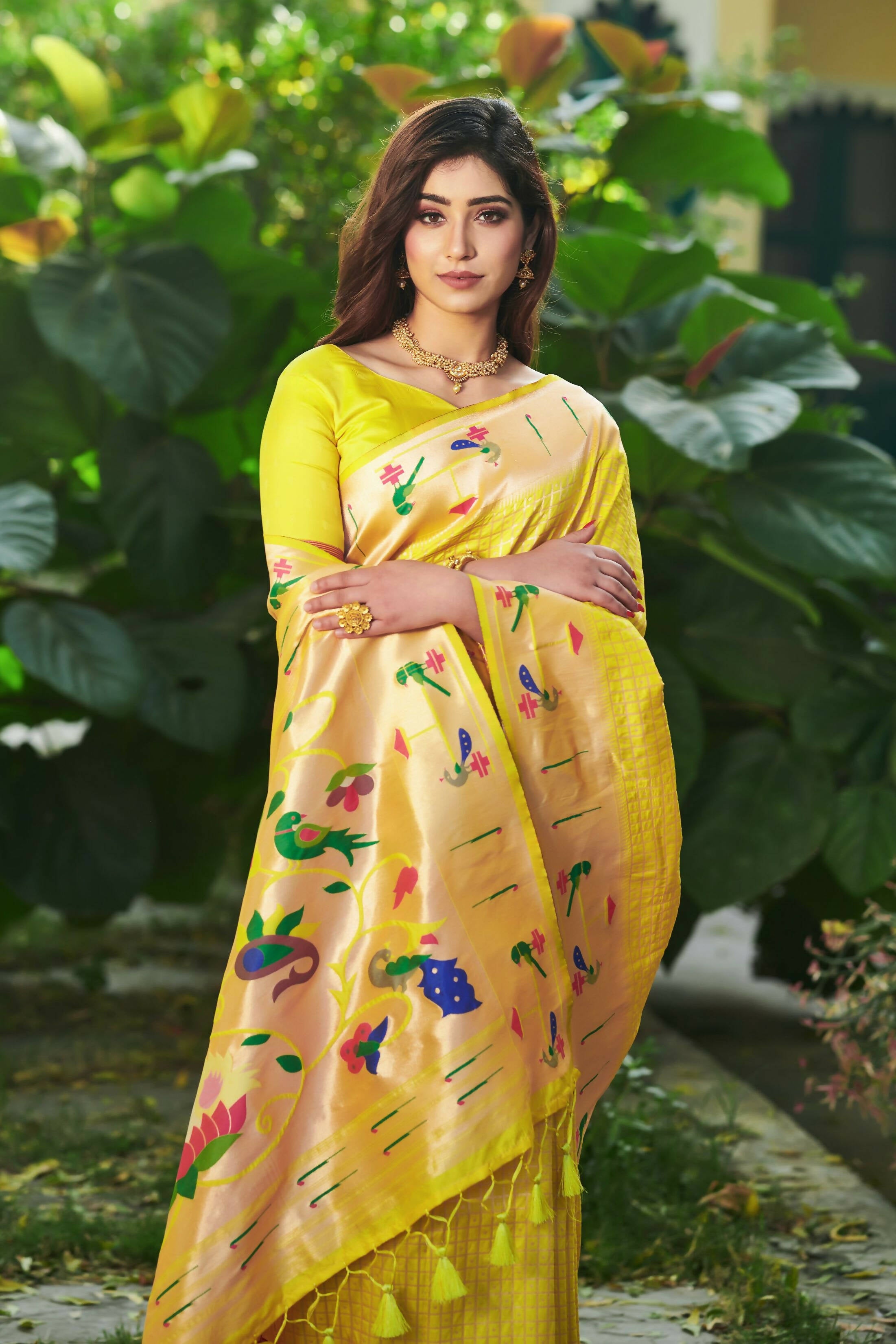 Vishnu Weaves Women's Yellow Paithani Silk Minakari Zari Woven Saree with Unstitched Blouse - Distacart