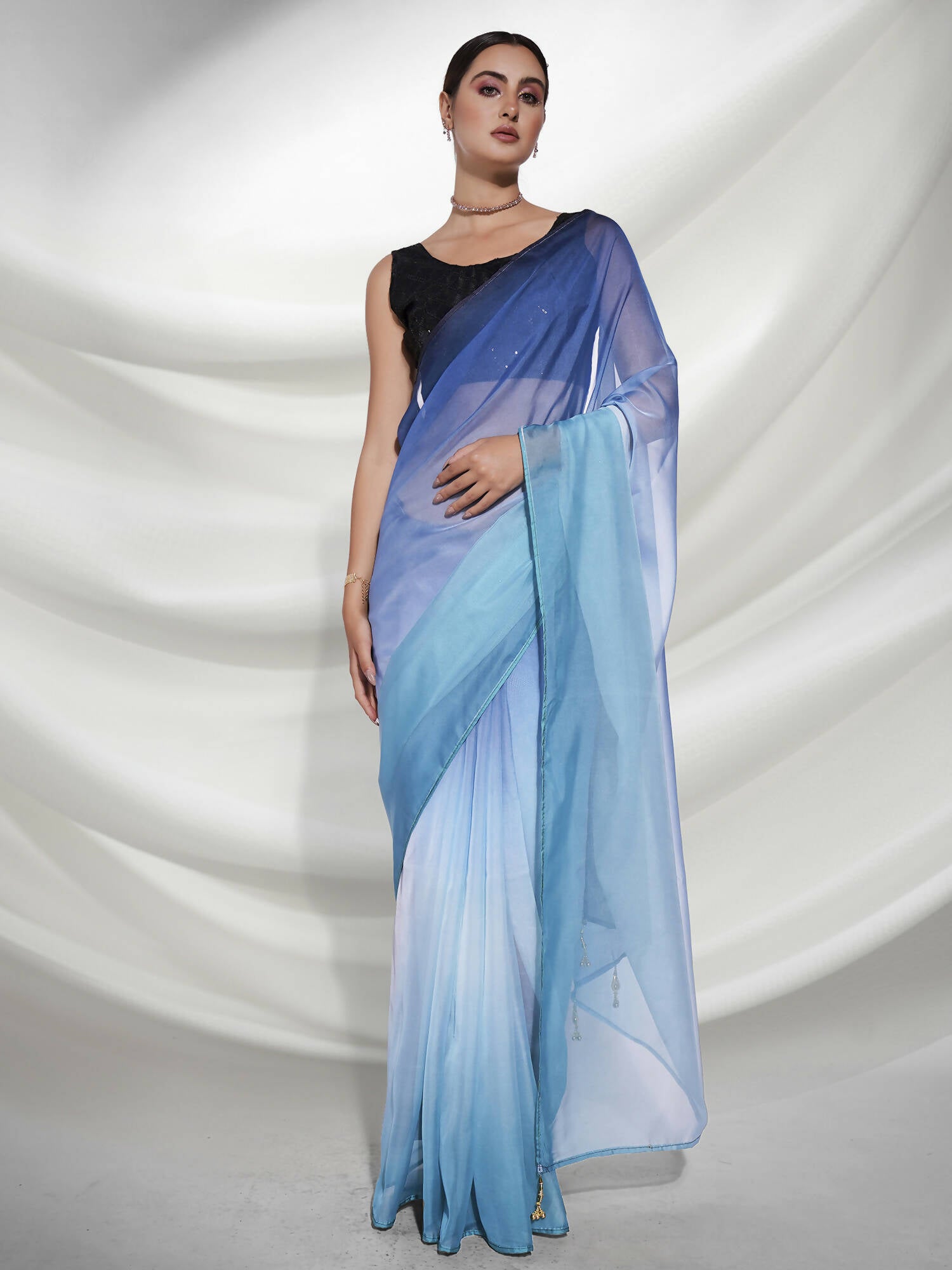 Blue Organza Solid Saree With Unstitched Blouse Piece - Shanaya - Distacart