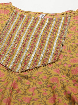 Yufta Yellow Printed kurta with Trouser Dupatta Set