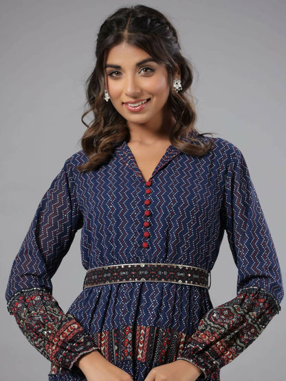 Juniper Women Navy Blue Georgette Printed Tiered Maxi Dress - Distacart