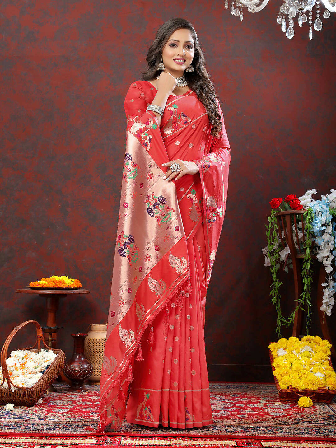 Lorenvalley Fashion Red Soft Paithani Silk Woven Design Copper Zari Meenakari Weaving Saree - Distacart