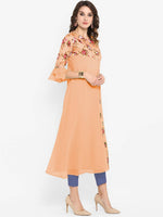 Thumbnail for Janasya Peach-Coloured & Green Floral Printed Bell Sleeves Kurta - Distacart