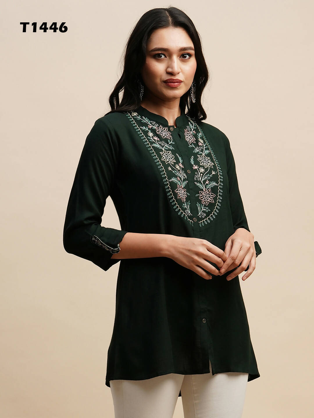 Dark Green Rayon Embroidered Top - Tarini - Distacart