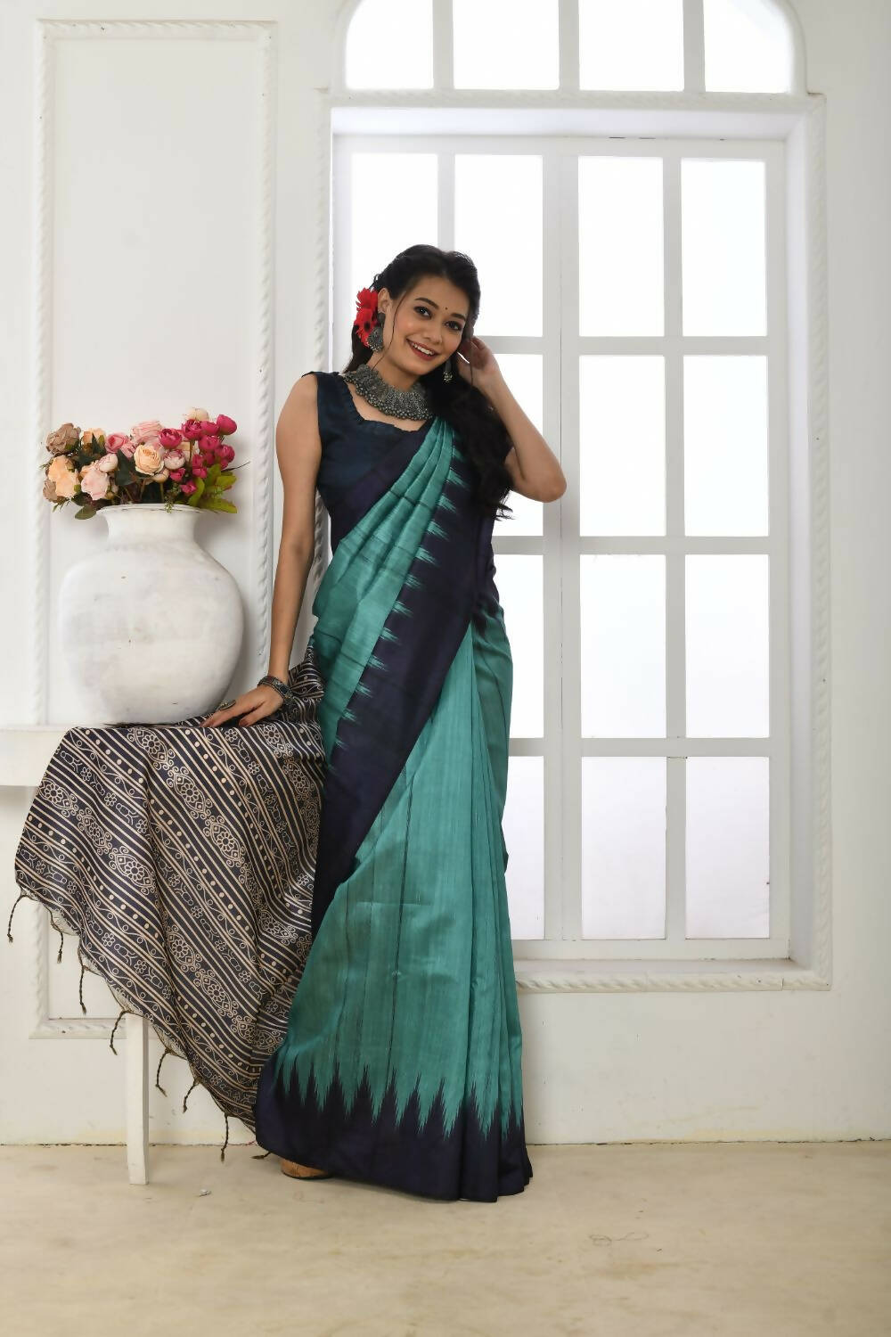 Vishnu Weaves Women's Firozi Tussar Silk Temple Print Saree with Blouse - Distacart