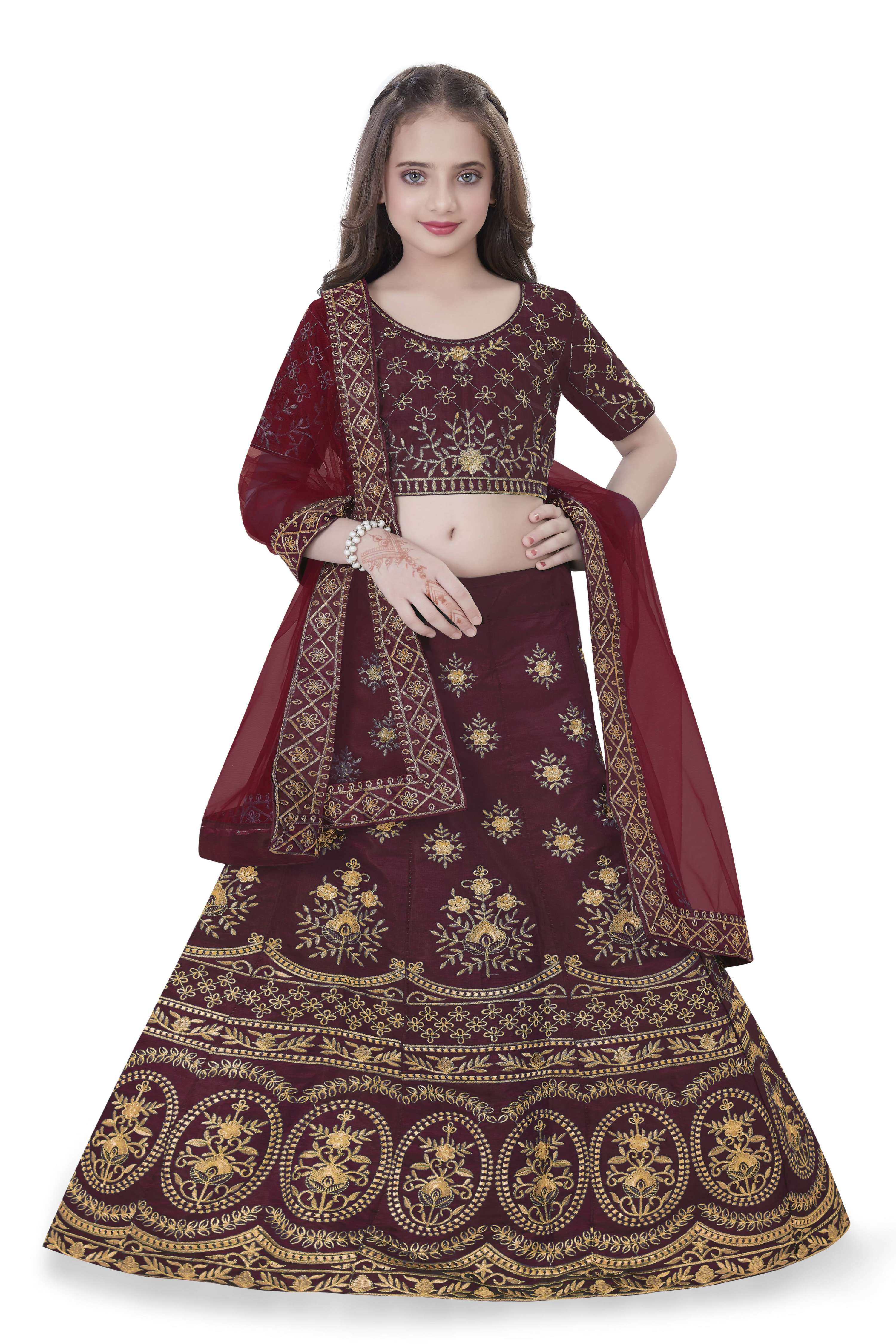 Dwiden Maroon Lehriyu Tafetta Sattin Semi-Stitched Girl's Lehenga Choli - Distacart