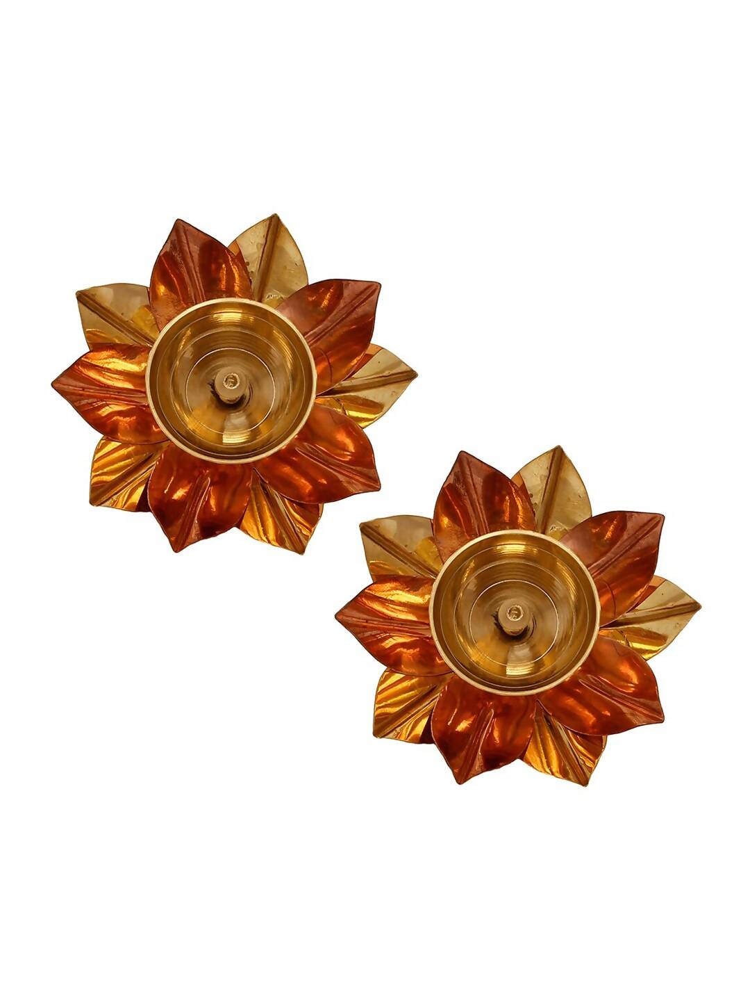 eCraftIndia Brown & Gold-Toned 2 Pcs Floral Shape Metal Diyas - Distacart
