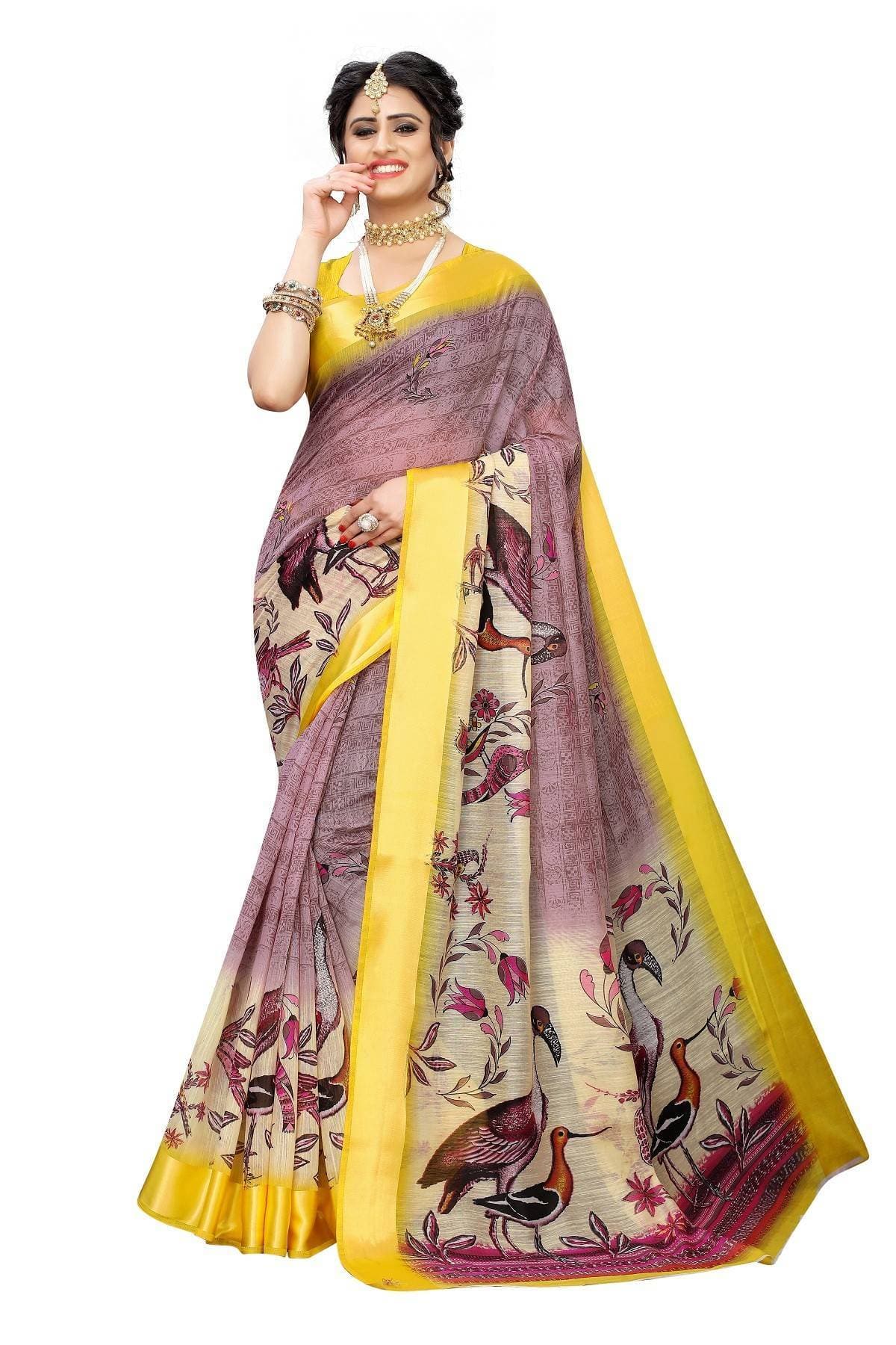 Vamika Yellow Linen Digital Print with Satin Border Saree