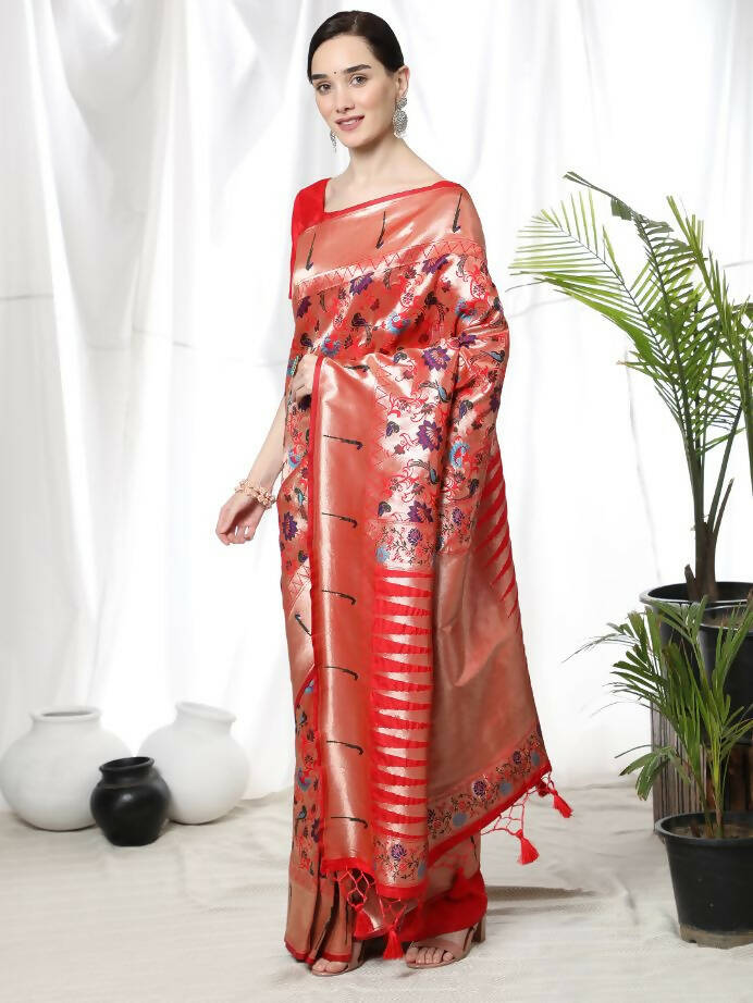 Vishnu Weaves Women's Red Paithani Silk Zari Woven Saree with Unstitched Blouse - Distacart