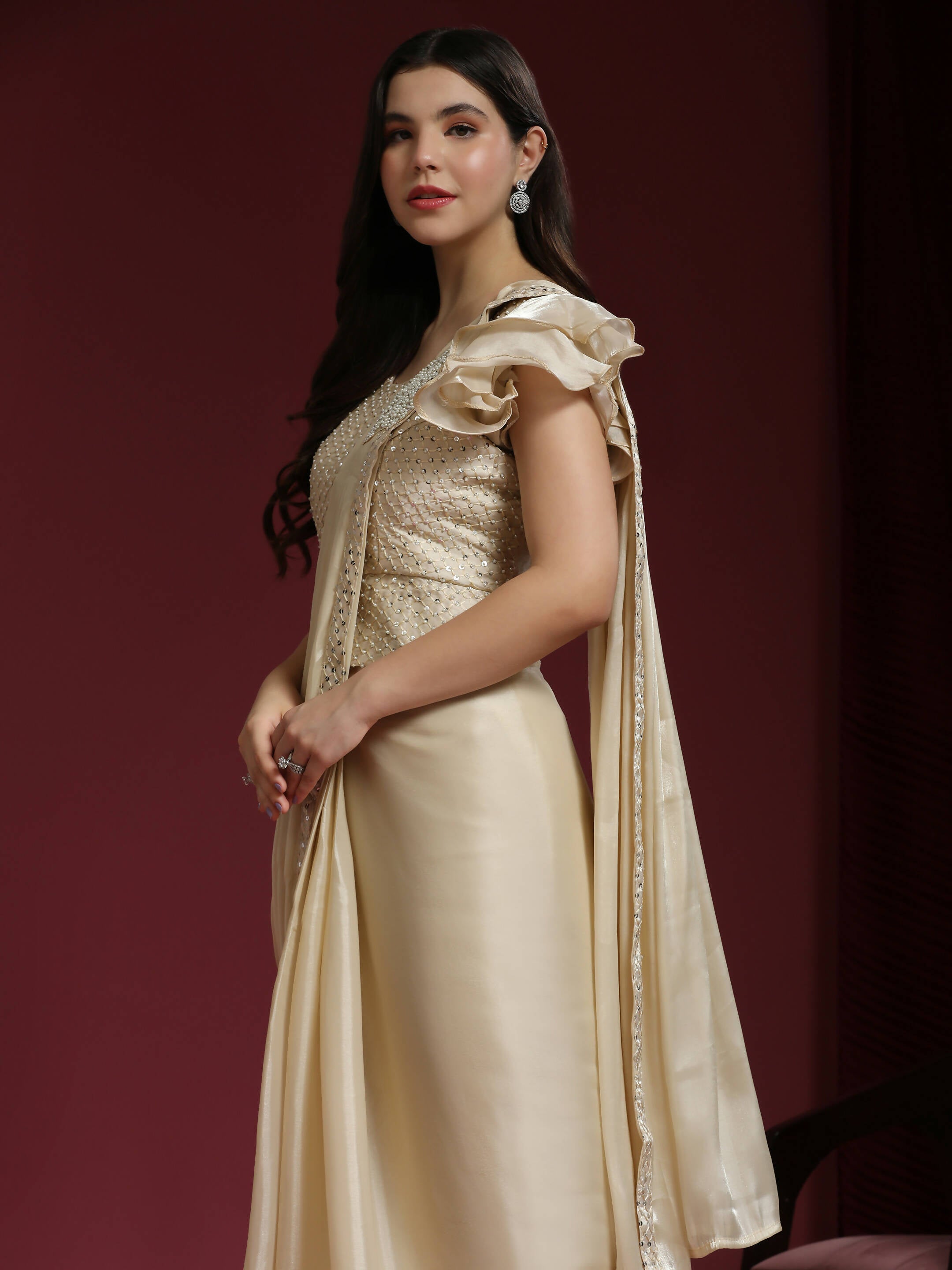 Beige Silk Satin Sequence Work Ready to Wear Saree with stitched Blouse - Nirvana - Distacart