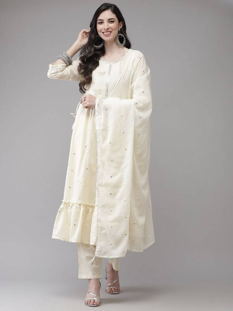 Yufta Women Cream-Embroidered Pure Cotton A-line Kurta with Trouser and Dupatta
