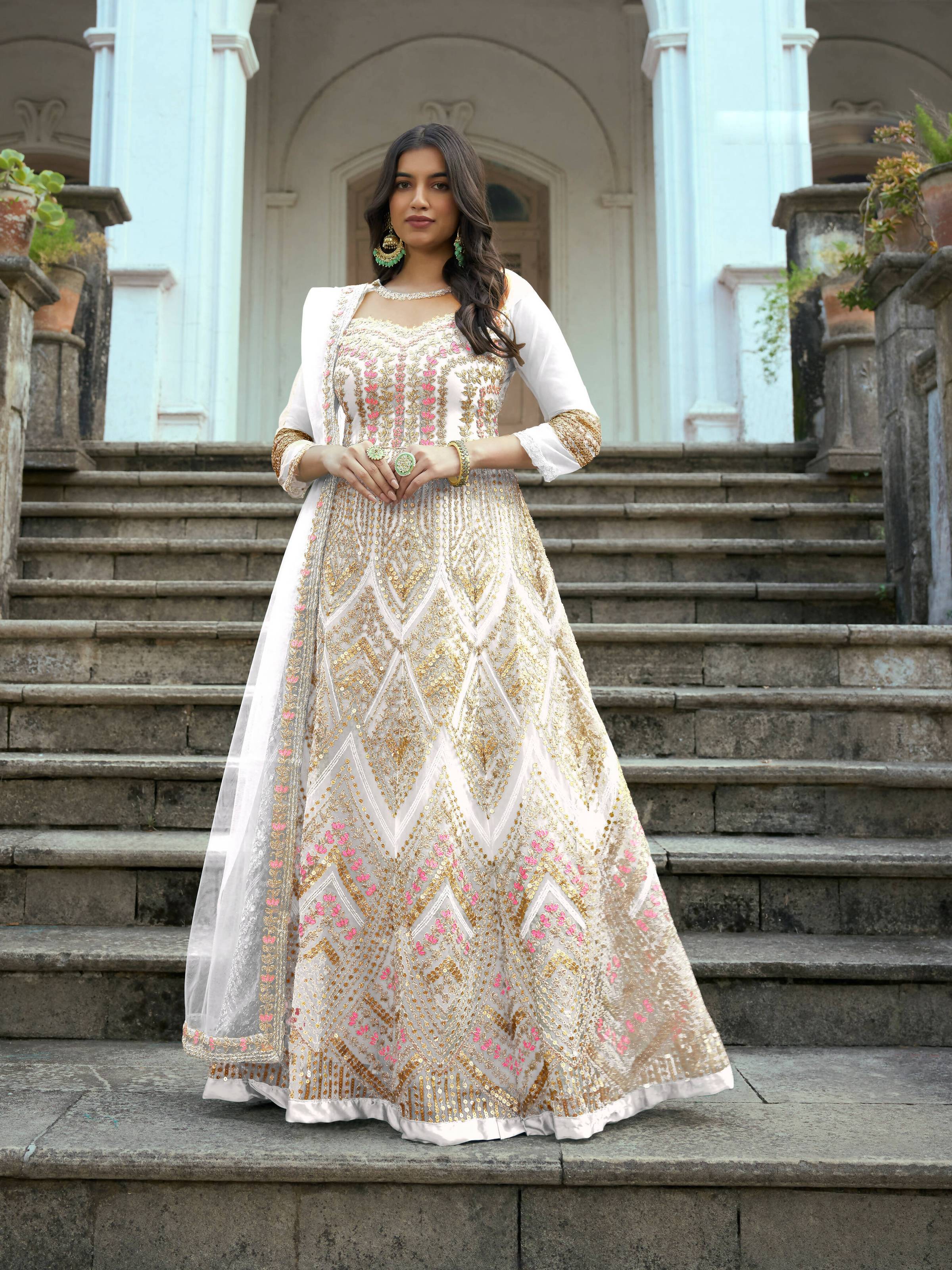 White Butterfly Net Anarkali Embroidered Kurta Set - Aadishri - Distacart