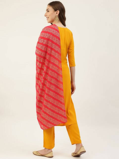 FIORRA Women's Yellow Poly Crepe Straight Kurta Pant With Dupatta - Distacart