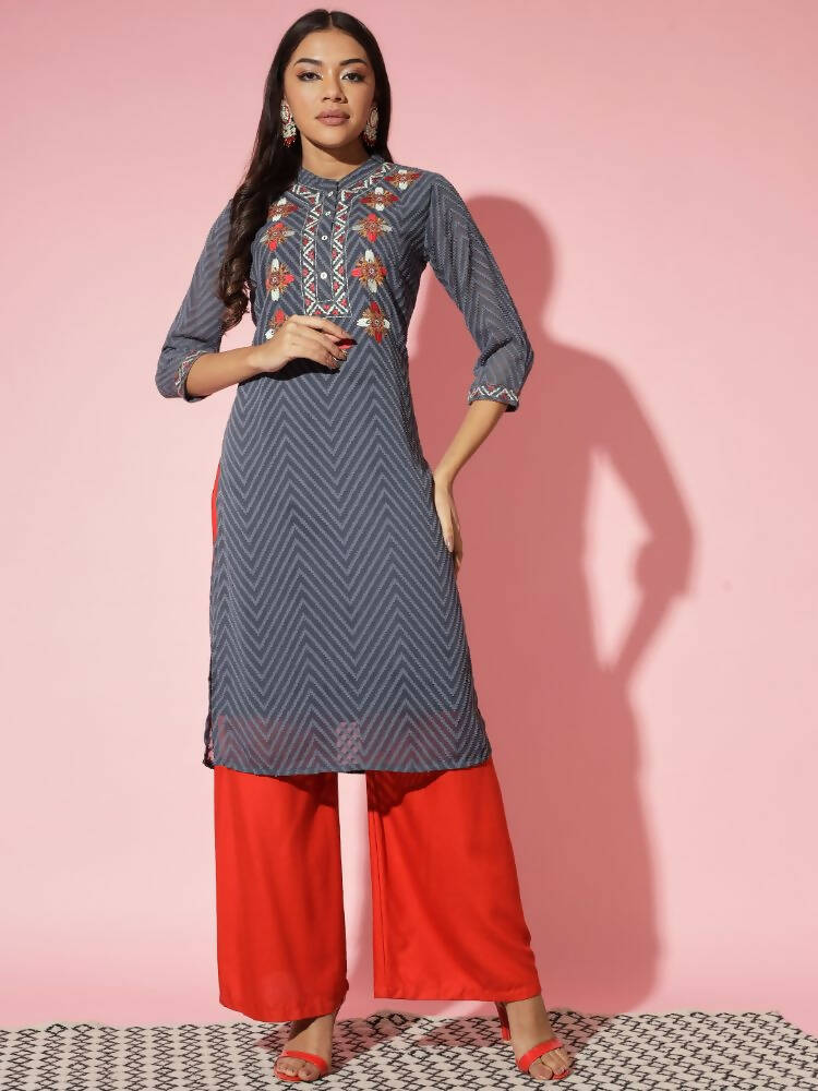 Myshka Women Grey Solid Georgette Straight V-Neck Kurtas - Distacart