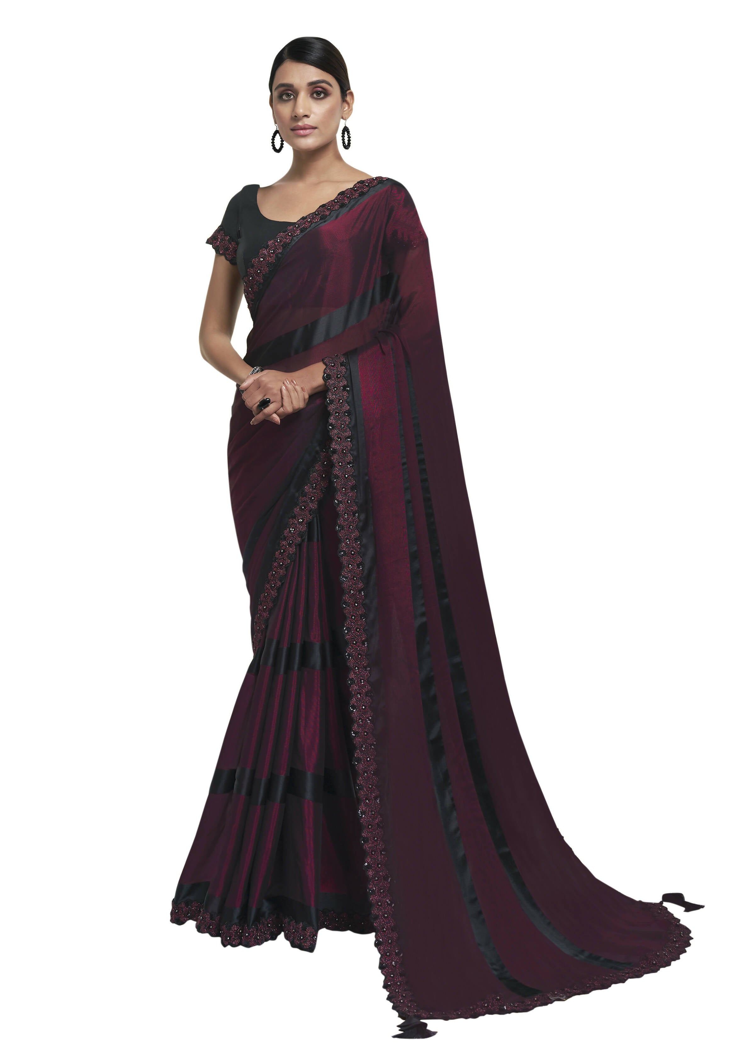 Maroon Georgette Embroidered Border Saree With Blouse Piece - Norita Avyaan - Distacart