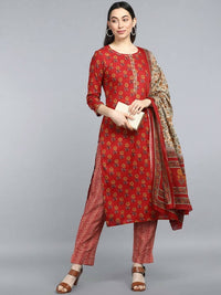 Thumbnail for Ahika Women Maroon Ethnic Motifs Printed Pure Cotton Kurta with Trousers & With Dupatta - Distacart