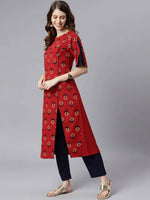 Thumbnail for Janasya Maroon & Navy Blue Ethnic Motifs Printed Kurta with Trousers - Distacart