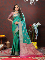 Thumbnail for Lorenvalley Fashion Teal Soft Silk Woven Design Zari Weaving Saree - Distacart