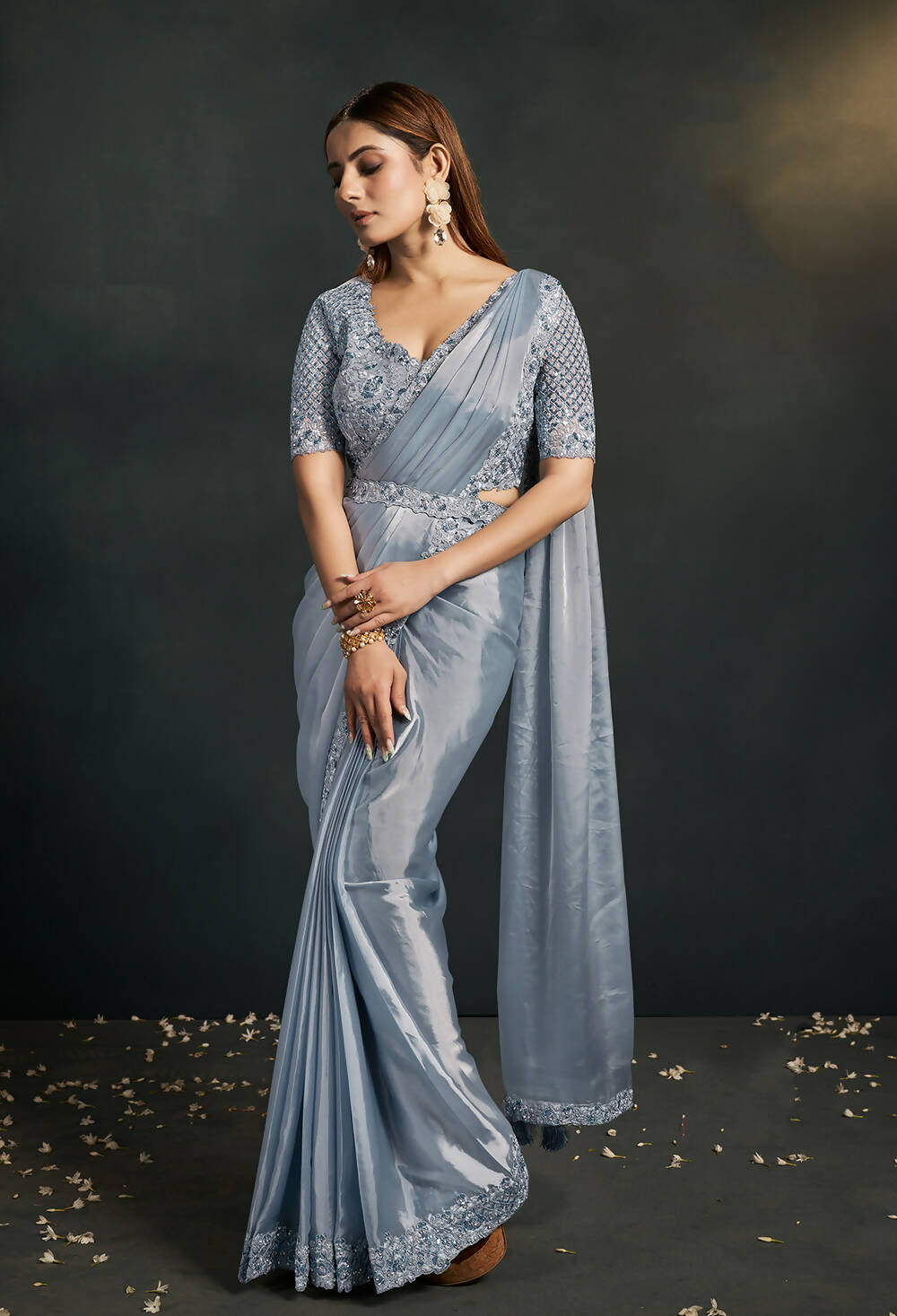 Grey Silk Crepe Satin Cord Sequence & Thread Embroidered & Stone Work Saree - Moh-Manthan Royal Enigma - Distacart