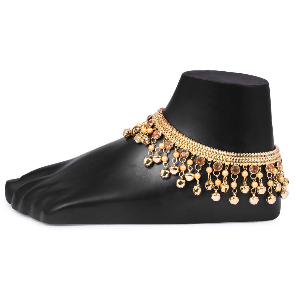 Tehzeeb Creations Gold Plated Anklets With Ghunghru And Stone