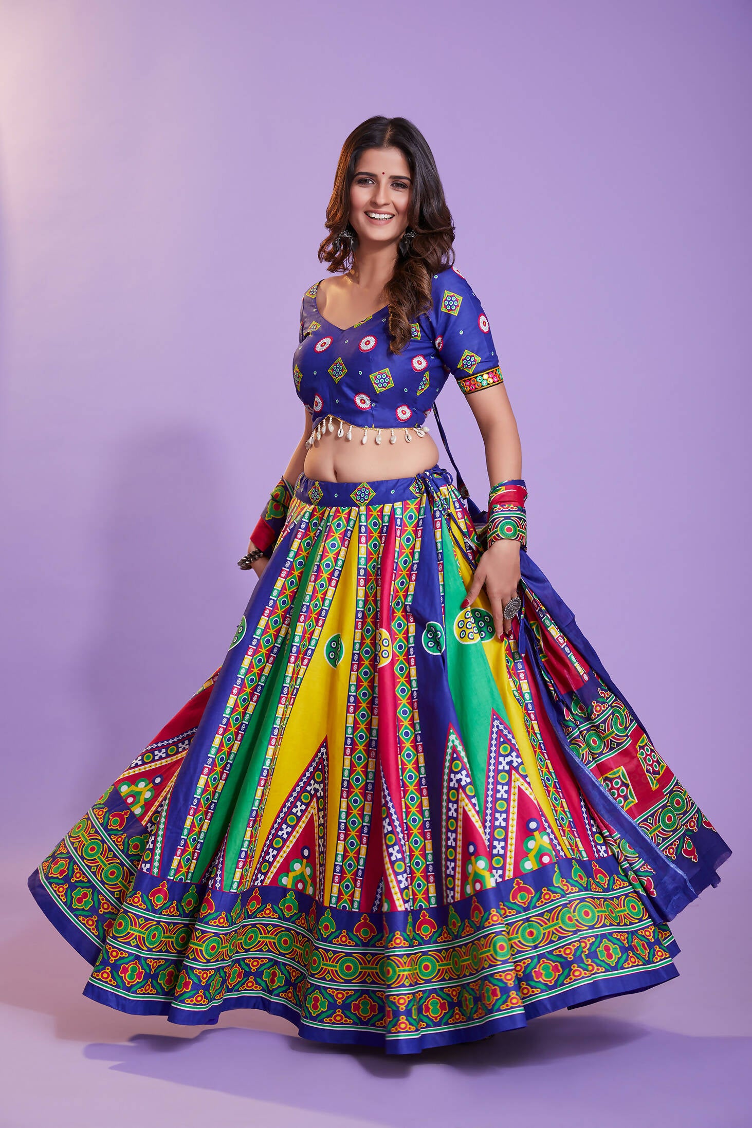 Multi Color Pure Cotton Hand Block Print Navratri Lehenga Choli with Dupatta - Raas - Distacart
