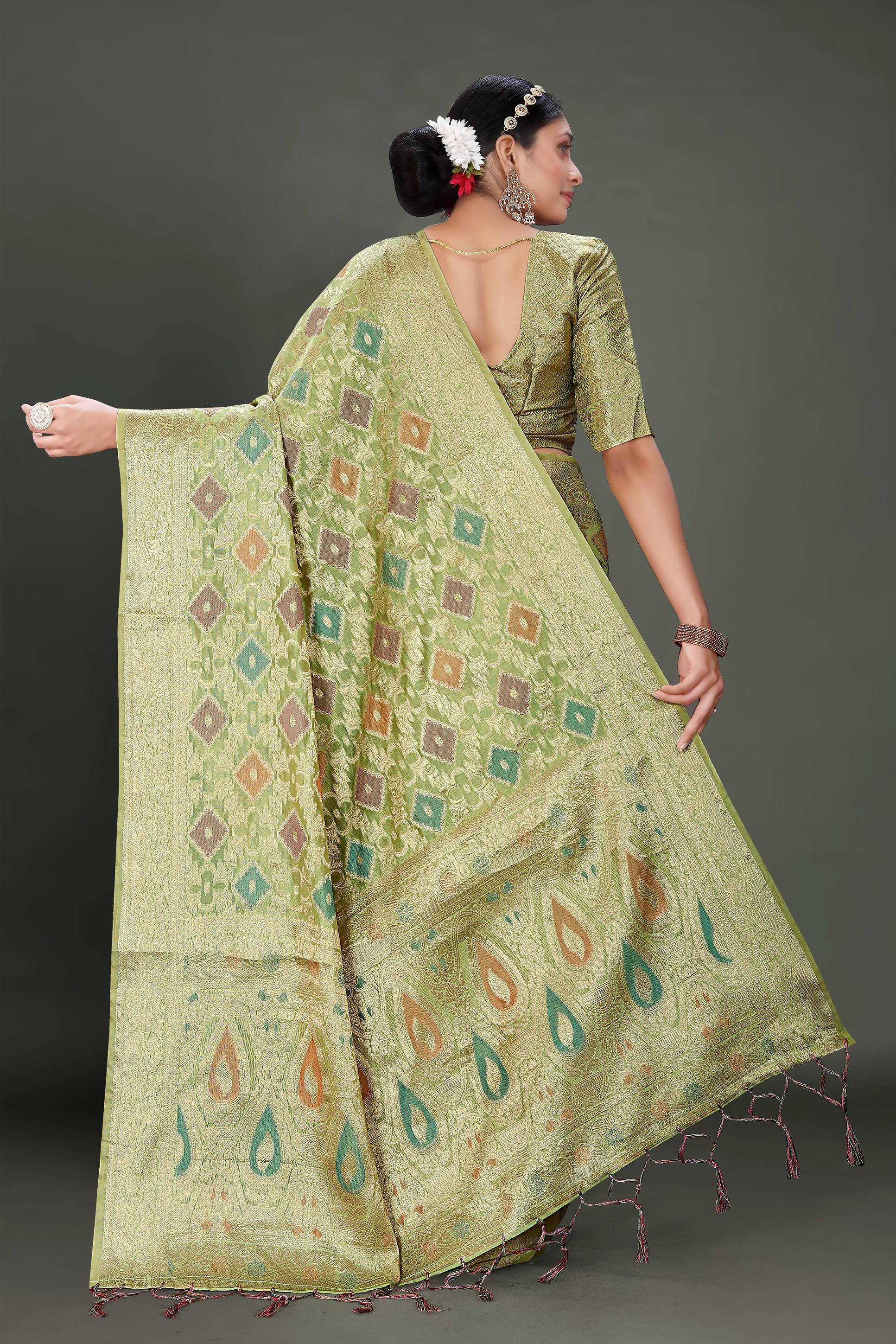 Green Soft Organza Woven Design Saree With Unstitched Blouse Piece - Zaara - Distacart
